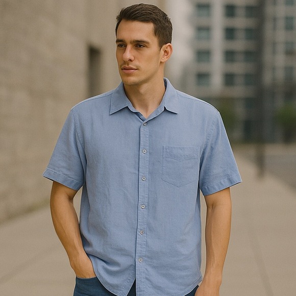 Tommy Hilfiger Vintage Pure Linen Men's Shirt Short Sleeve Button Up Blue Large - Picture 1 of 10